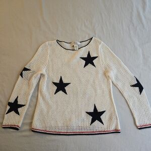 Norton Studio Americana White Knit Sweater with Navy Blue Star Red Trim Accents